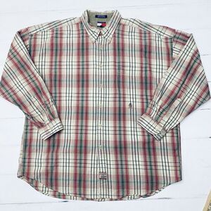 Vtg Tommy Hilfiger Mens Button Down Logo Cotton Shirt Cream Tan Plaid Size XL